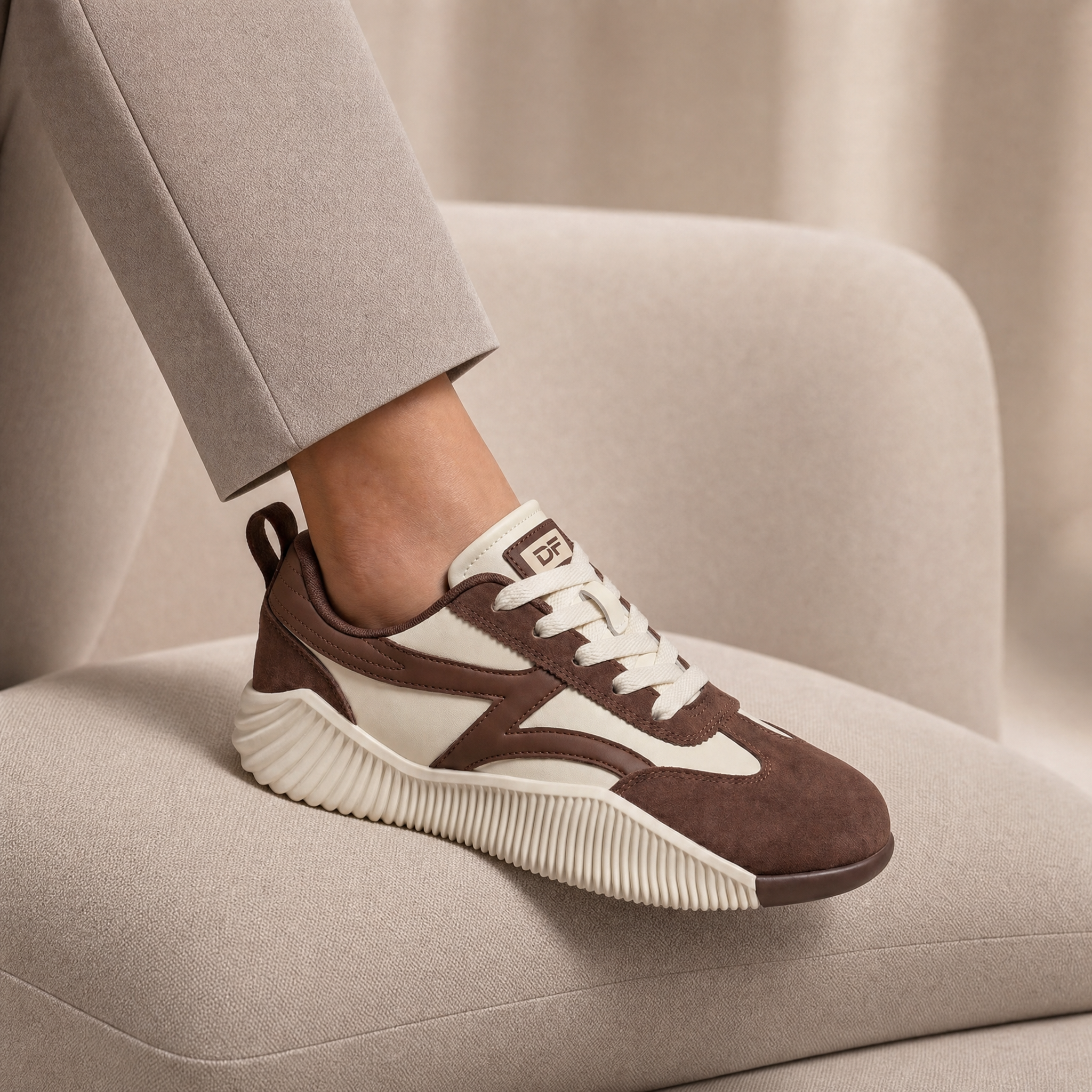 DeFlorance Cloudea 2.0 sneaker in Mocha resting on a beige armchair
